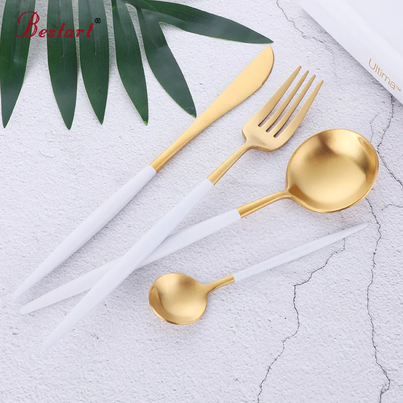 4 Pcs/Set Cutlery Set Stainless Steel White Gold Knife Fork Spoon Teaspoon Tableware Home Dinnerware Scoop Kitchen Accessories