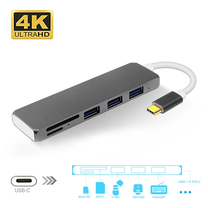 Универсальный usb хаб Type C на USB3.0 + TF / Micro SD USB3.1 PD адаптер для зарядки USB концентратор