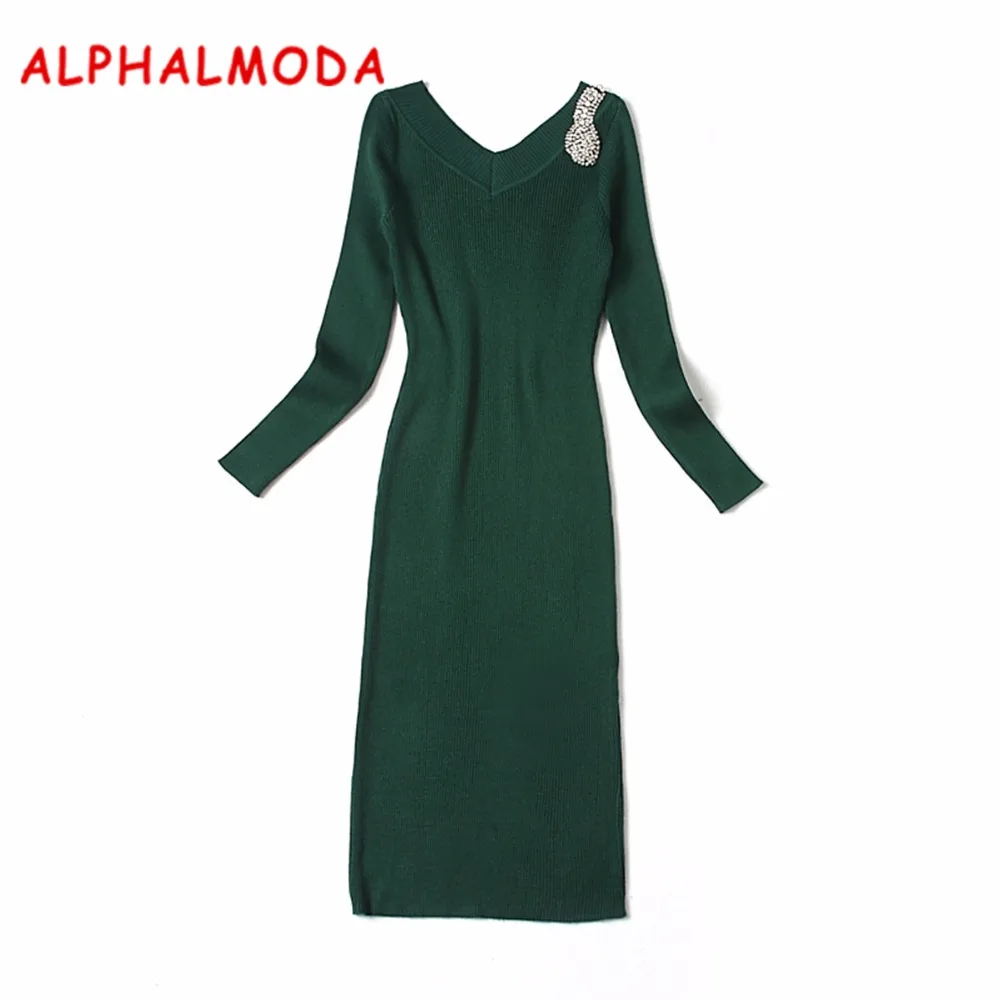 ALPHALMODA 2017 рождественское женское Элегантное трикотажное платье с кристаллами v
