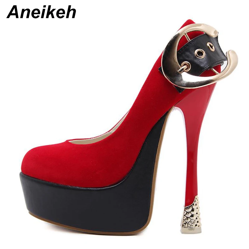 

Aneikeh 2018 Spring Autumn New Sexy Thick Platform Pumps Buckle Super High Heels Shoes Woman Party Wedding Women Shoe