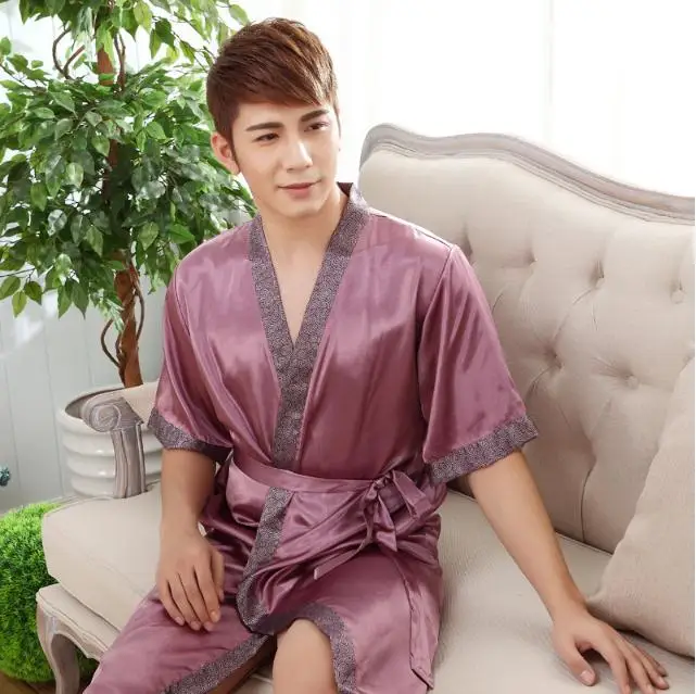 Летняя ночная рубашка трусы мужской халат кимоно Банный халат пижама из искусственного шелка Повседневное шелковые пижамы Размеры M L XL XXL - Цвет: B-2