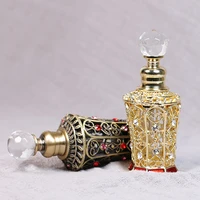 Vintage Antique Brass Gold Plating Red Hand Enameled and Rhinestone Jeweled Metal Glass Perfume Oil Bottle 12ml with Crystal Lid 1