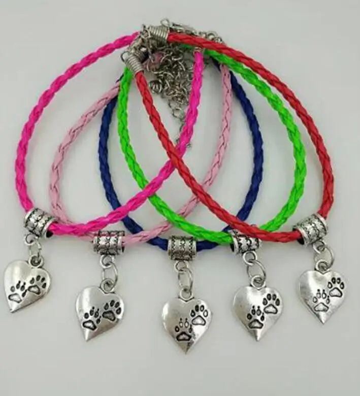 

New Ancient Silver Cat Dog Paw Heart Charm Multicolor Leather Braided Rope Bracelet Fashion Women Jewelry