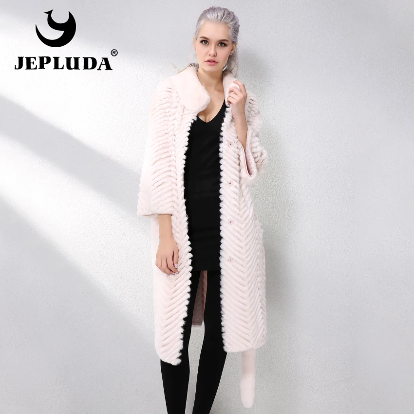 JEPLUDA Long Rex Rabbit Fur Coat With Knitted Lining Wool Natural Real Fur Coat Autumn-Winter Genuine Leather Jacket Women Parka