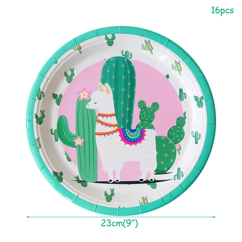Вечерние бумажные тарелки и стаканы в виде кактуса Ламы из альпаки, одноразовые скатерти для вечеринки, посуда, принадлежности для дня рождения, украшения для детей - Цвет: 16pcs 9inch plate