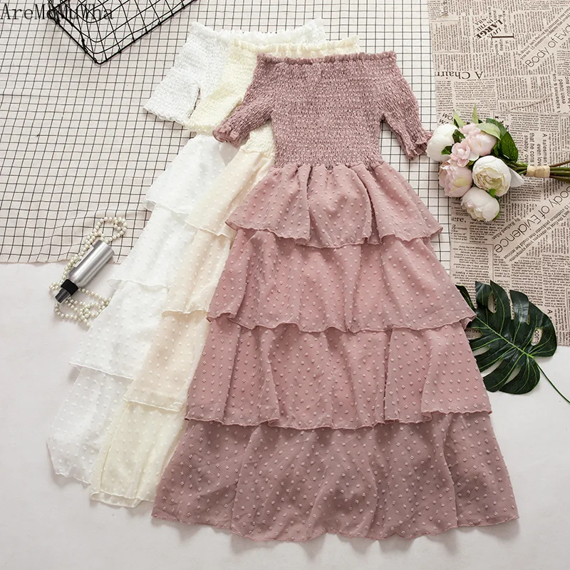 AreMoMuWha صغيرة الطازجة كلمة طوق كعكة اللباس مزاجه فستان طويل يتدفقون القليل الشيفون اللباس الجنية Vestidos دي Fiestamh149