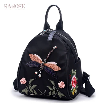

DropShipping Woman Shoulder Bag Lady Oxford Fashion Black Dragonfly Embroidery Flowers Backpack School Bags For Girls SAJOSE