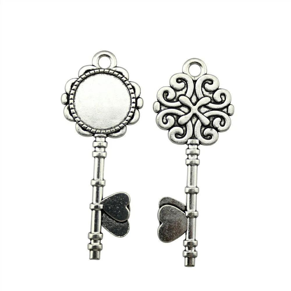 

5pcs Fit 20mm Glass Cabochons Cabochon Setting Base, Vintage Big Key Shpae Cabochon Base Setting Pendant Metal Alloy 2 Colors