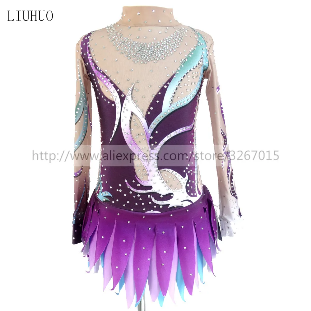 

Girl Women rhythmic gymnastics performance suit Artistic gymnastics dress Multi-color Purple stand collar long sleeve