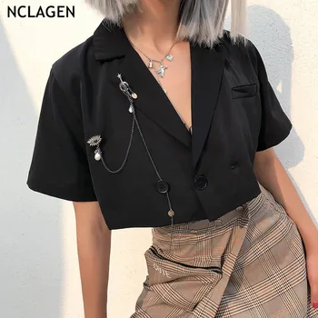 

NCLAGEN Summer Breasted Casual Black Blazers Women Navel Bare Cropped Tops Suit 2019 Lady Chains Notched Vintage Blazer Suits