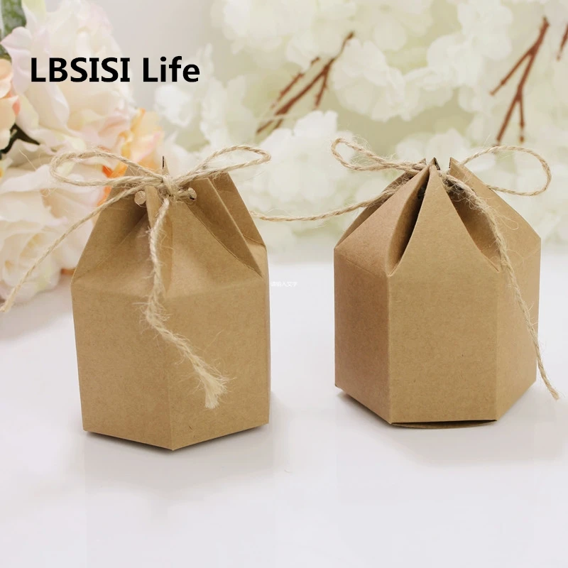 LBSISI Life 50 шт. свадебные коробки для конфет шестигранные крафт бумажные коробочки для печенья коробка DIY подарочная упаковка с наклейкой веревка