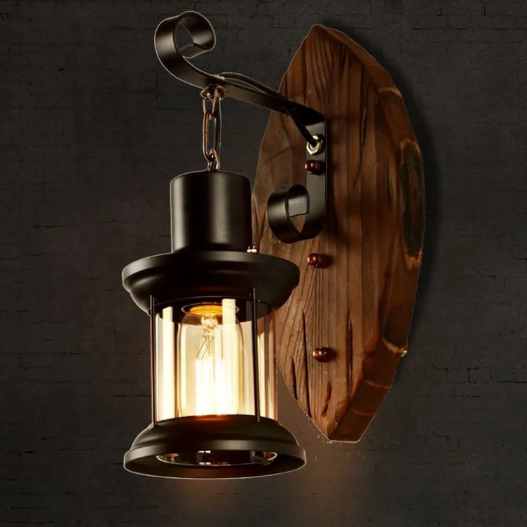 

Pastoral style wall lamp E27 without bulb bedroom bedside lamp creative retro aisle loft wooden wall lamp