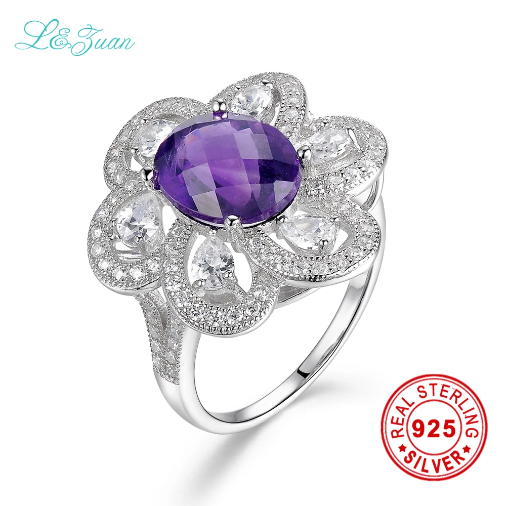 

l&zuan Natural Amethyst Prong Setting Purple Romantic Ring sterling silver jewelry ring Weight 6.2g
