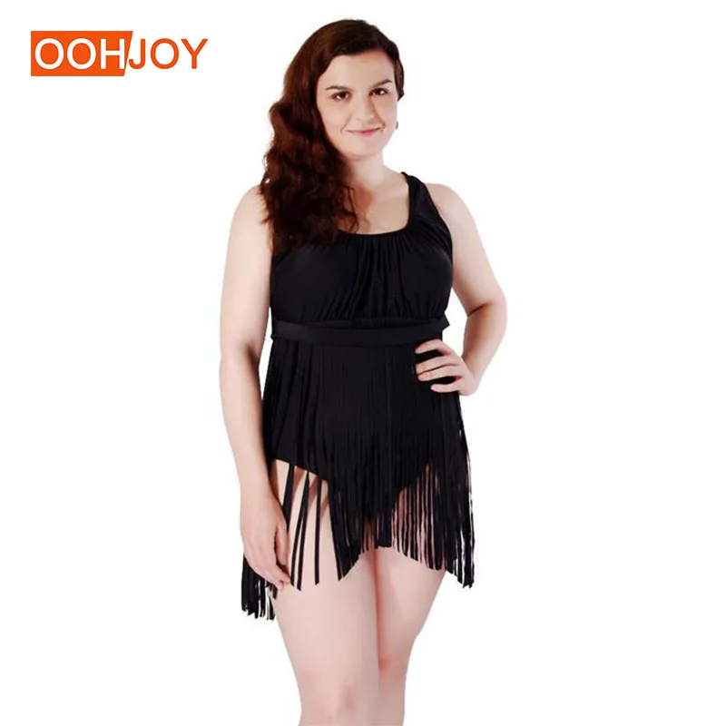 

Plus Size XL-6XL Monokini Swimsuit Women One Piece Suit Fringed Tassel Swimwear Solid Color Bathing Suit High Waist Beachwear