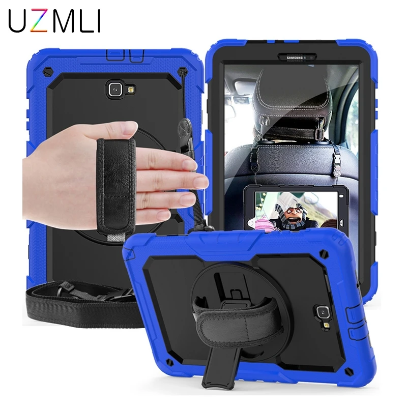

360 Degree Rotating Case For Samsung Galaxy Tab A 10.1 2016 T580 T585 Kids Shockproof Silicone Hard Cover+Neck Strap &Hand Strap