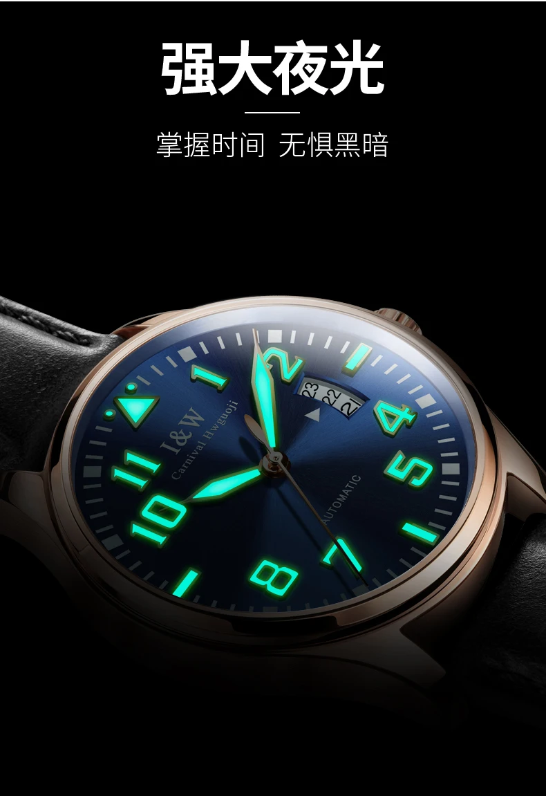 Carnival للرجال الكلاسيكية سلسلة مضيئة ساعات آلية للماء جلد طبيعي العلامة التجارية الفاخرة الرجال ووتش Relogio Masculino