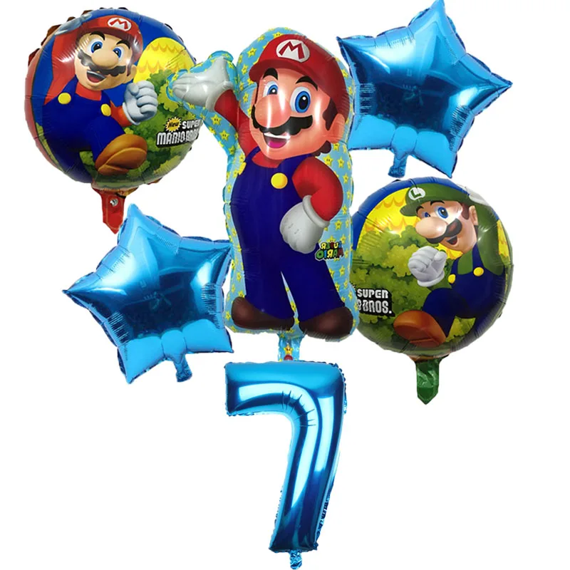 6pcs Super Mario Balloons 32 inch Number Balloons Boy Girl Birthday Party Mario Luigi Bros Mylar Blue Red Balloon Set Decor - Цвет: blue 7