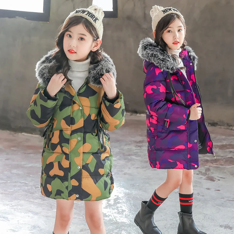 

4-13Yrs Kids Winter Jacket Baby Girl Warm Cotton Down Jacket Coat Camouflage Hooded Long Outerwear Parka For Girls Child Clothes