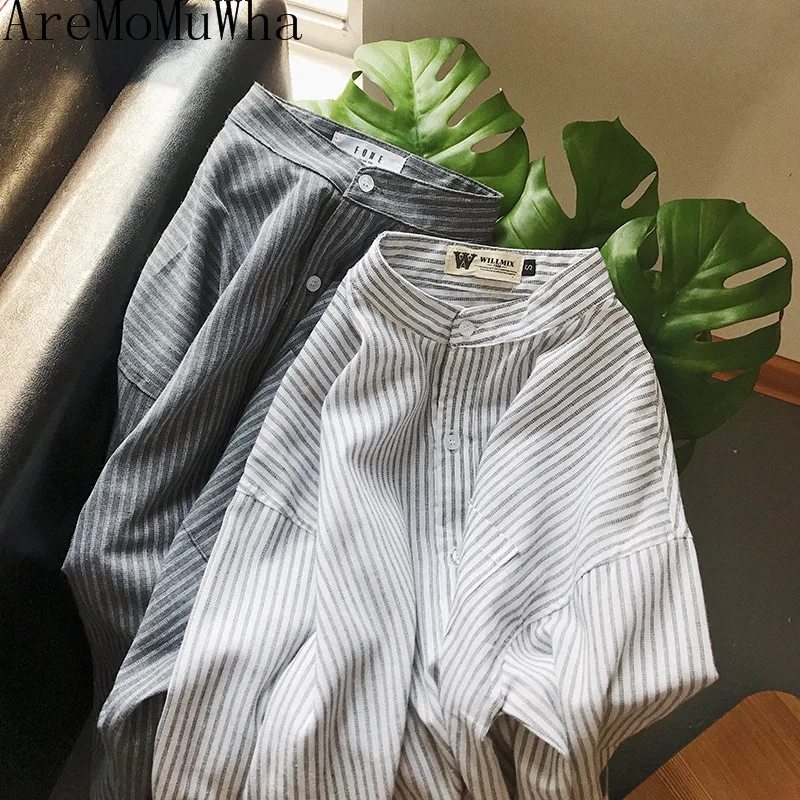 AreMoMuWha New summer European and American streak shirts Men's  Striped shirt Mandarin Collar Full Casual  Regular  QX010