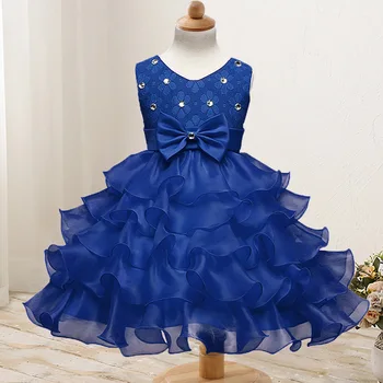 

2019 New Pattern Solid Color Girls Beaded Bow Princess Dress Mesh Dresses