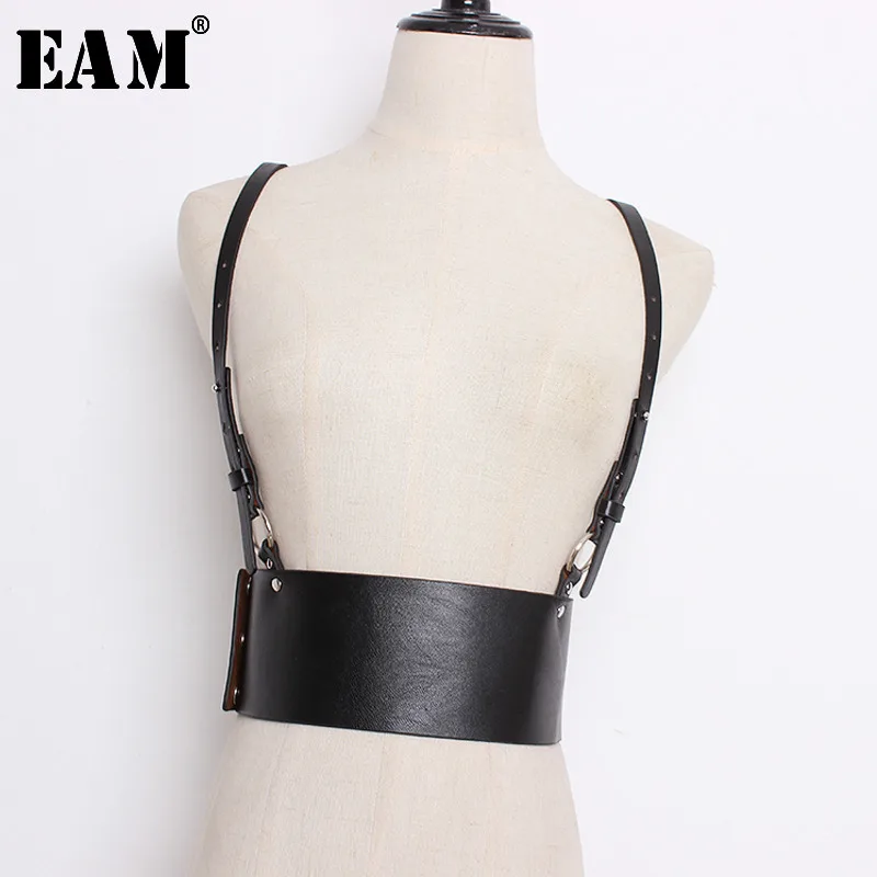 

[EAM] 2019 Spring Woman New Personality High Quality Solid Three Colors Adjustable spliced Double Strap Leather Waistbelt LI486