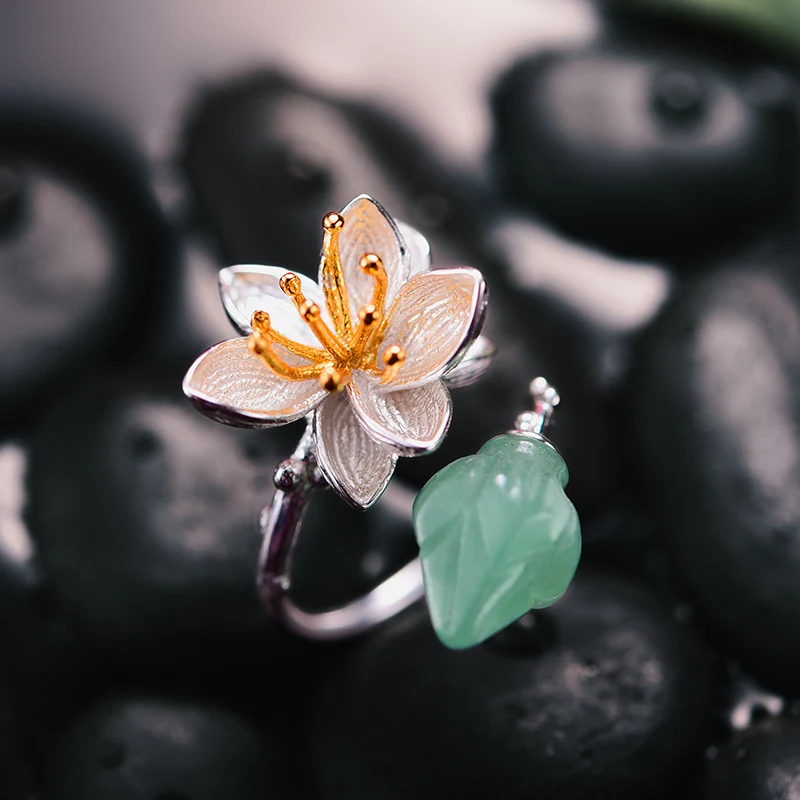 Lotus Fun, настоящее 925 пробы, серебро, натуральный авантюрин, драгоценные камни, цветок, кольцо, хорошее ювелирное изделие, кольца для женщин, ювелирное изделие - Цвет камня: Зеленый
