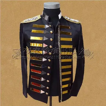 

Sequins Suit Men Blazers Wedding Stage Costumes For Male Singers Black Stand Collar Military Clothing Suits Jacket Prom Party
