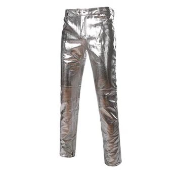 

Mens Side Zipper Design Metallic Sliver Pants Brand Moto Jeans Style Faux Leather Trousers Party Stage Costumes Shiny Pants 5XL
