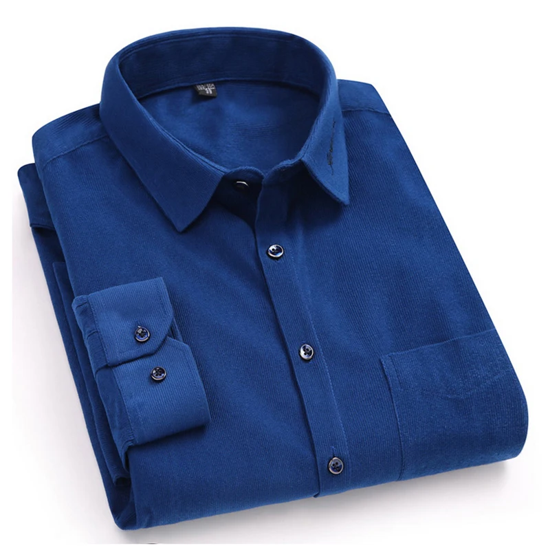 Royal blue Corduroy Men Dress Shirts 2018 Autumn New Design Long Sleeve