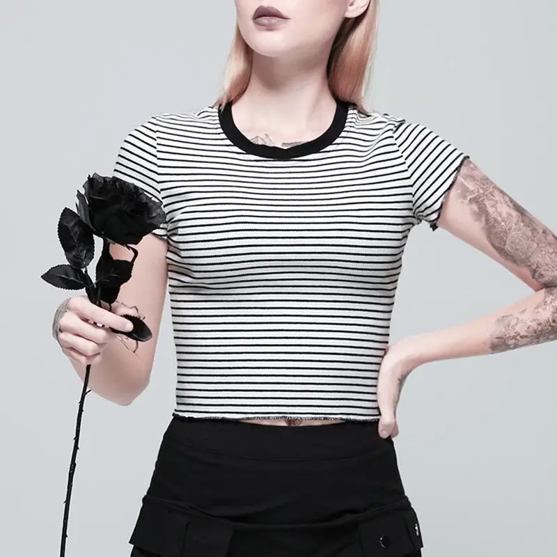 

Classic Stripe Tshirt Women Tops Summer Gothic Tee Shirts Streetwear Sexy Casual Crop Top Short Sleeve Ladies Harajuku T Shirt