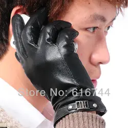 Черные мужские зимние теплые Сенсорный экран перчатки из натуральной овечьей кожи одной линии один пряжки
