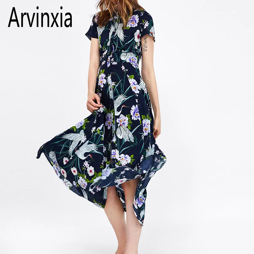 

Arvinxia ZA Sexy Floral Print Woman Long Dress Casual Long Sleeves Turn Down Collar Dress New Vintage Boho Plus Size Lady Dress