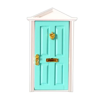 

Miniature Dolls Houses Games Toys Wooden Door with Hardware 4 Panels Top Pointed - Mint Green