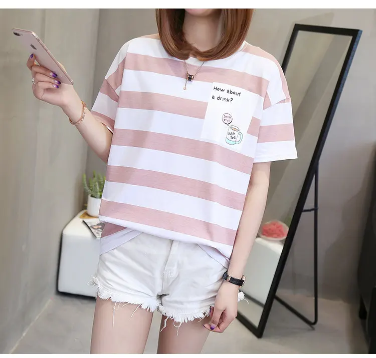 New 2018 Fashion Candy Colors Striped T-shirt Women Summer Short Sleeve Tshirts Ladies T-shirts Letter Print Camiseta Mujer (4)