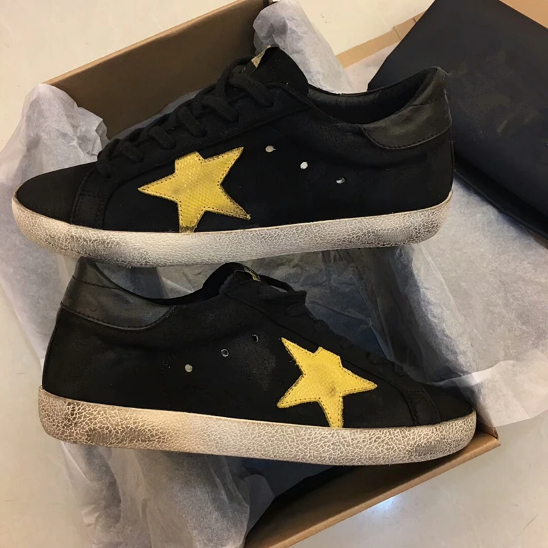 

New Fashion Black Women Casual Shoes Design Golden Genuine Leather Casual Trainers Sport Star do old Dirty Shoes Tenis Feminino