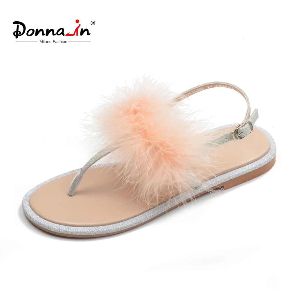 

Donna-in Summer Fur Sandals Flats Tong Femme Open Toe Fashion Flip Flops Glitter Casual Buckle Footwear 2018 Brand Women Shoes