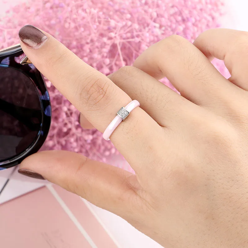 Новое розовое кольцо с кристаллом 3 мм, розовое керамическое кольцо из нержавеющей стали, торчащие квадратные Стразы, женские кольца для женщин, ювелирные изделия