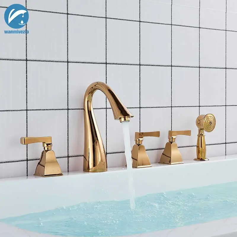 

Golden 5pcs Bathtub Faucet Brass Deck Mounted Bathroom Faucet 3 Handles Widespread Tub Mixer Tap Torneiras Pull out Handshower