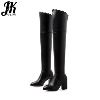

JK Winter High Heels Women Boots Round Toe Pu Footwear Fashion Stretch Female Boot New Shoes Women 2018 Plus Size 33-43