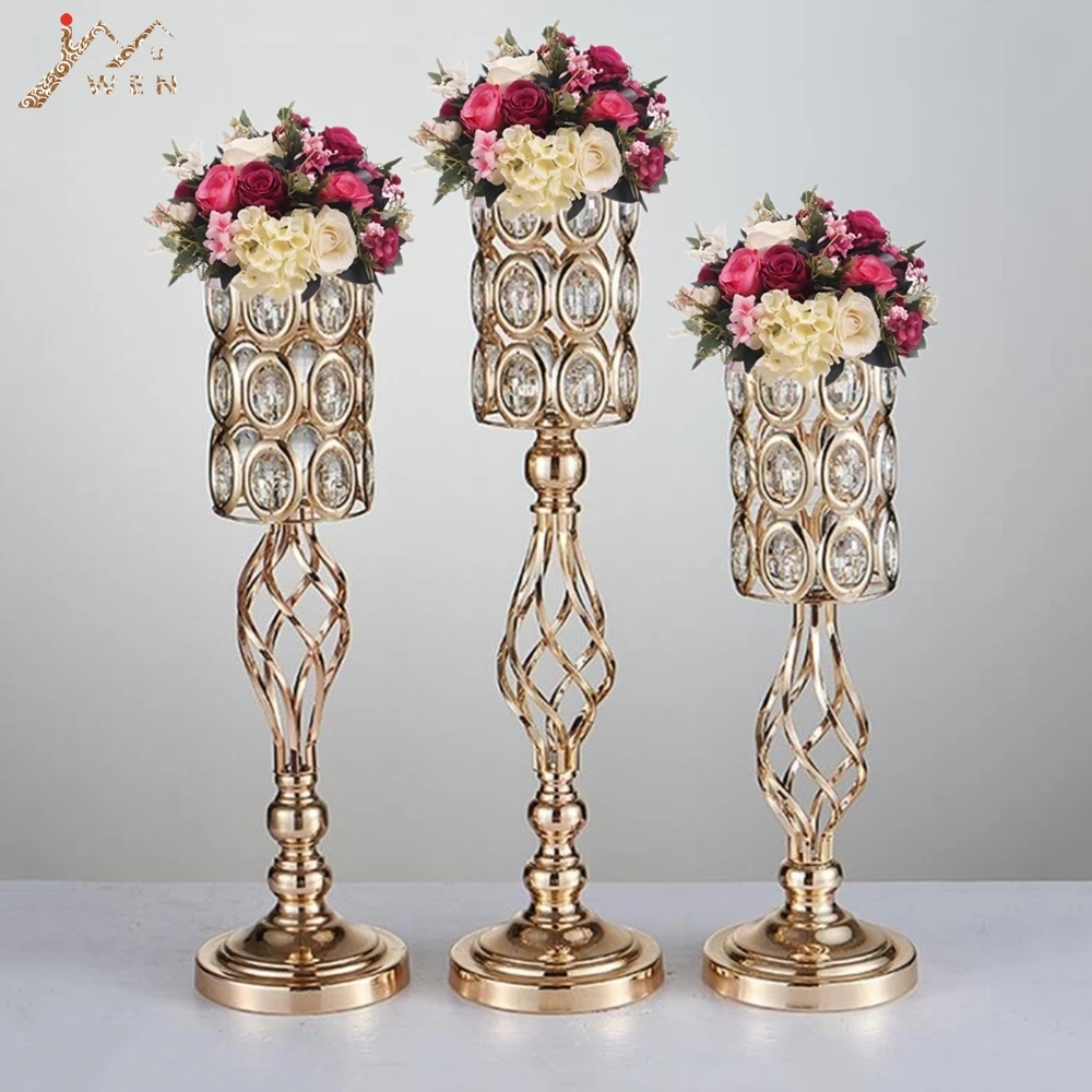 Metal Golden Candle Holders Hollow Crystal Wedding Table Candelabra Centerpiece Flower Rack Road