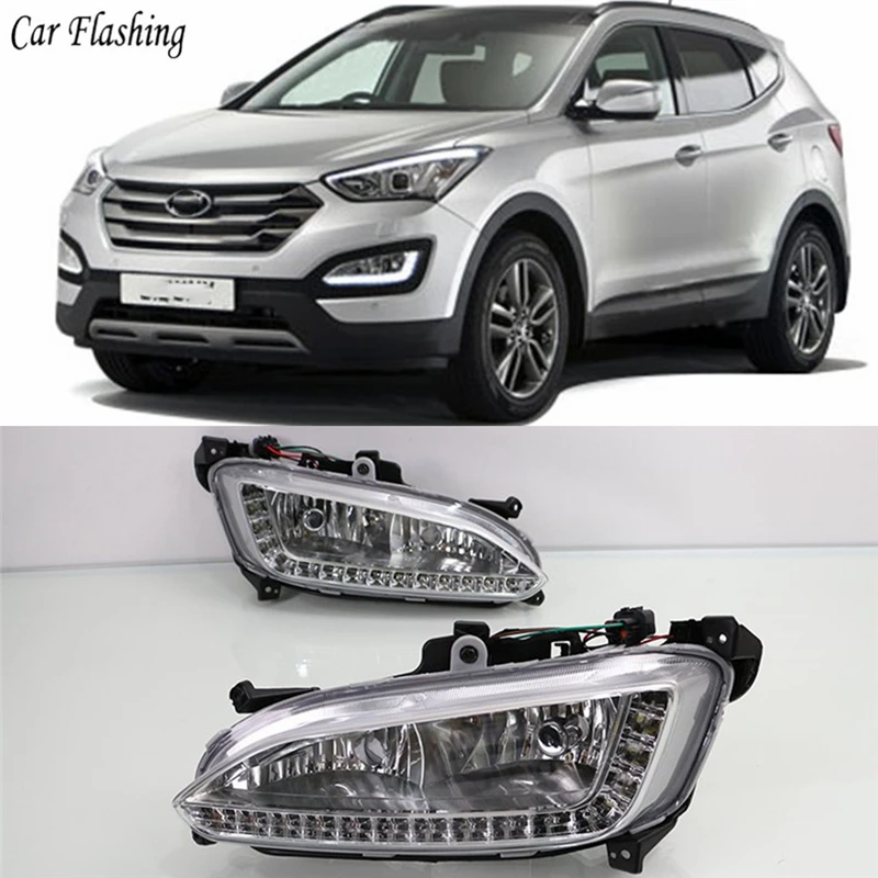 Автомобильный мигающий 1 комплект DRL для hyundai Santa Fe IX45 2013, дневной ходовой светильник, противотуманная фара, релейный Светодиодный дневной светильник, стильный головной светильник