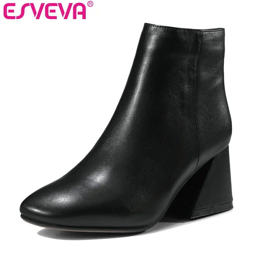 

ESVEVA 2020 Square High Heel Women Shoes Winter Leather+PU Ankle Boots Motorcycle Concise Round Toe Punk Short Boots Size 34-40