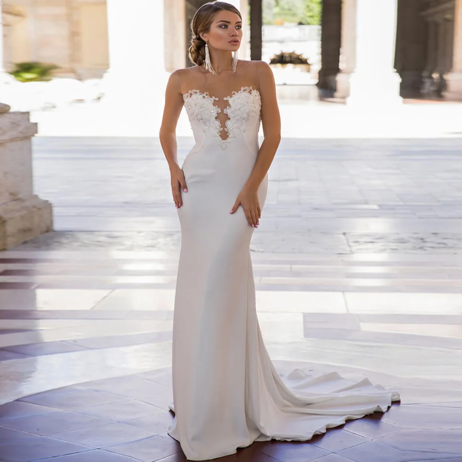 

ADLN Cheap Backless Mermaid Wedding Dresses O-neck Sleeveless Beaded Applique Wedding Gowns Vestidos De Novia Sweep Train