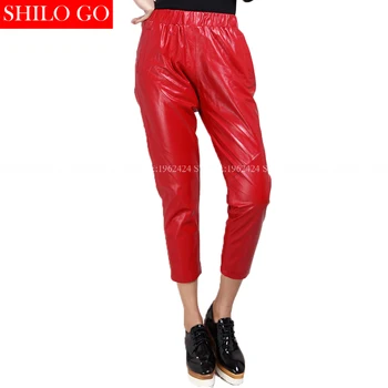 

Autumn winter fashion new women high quality sheepskin elastic high waist pocket color nine pencil leather leather pants