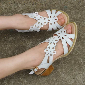

Genuine Leather Handmade sandals Female Hollow Flowers Decoration Thick with Medium with Large Size Peep Toes High heels Sandals