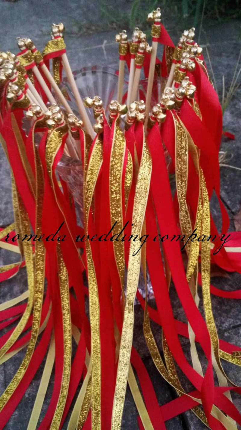 

FREE SHIPPING--(50Pieces/Lot)Fashion wedding gold glitter stick ribbonwith bell fairy stick magic wands married decoration
