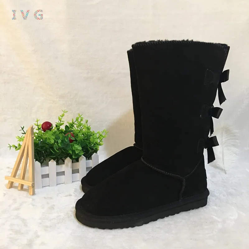 

EU35-45 Australian Style Women's Bailey Bow Tall Snow Boots 3-Bow Back Cow Suede Leather Knee-high Winter Boots Brand IVG