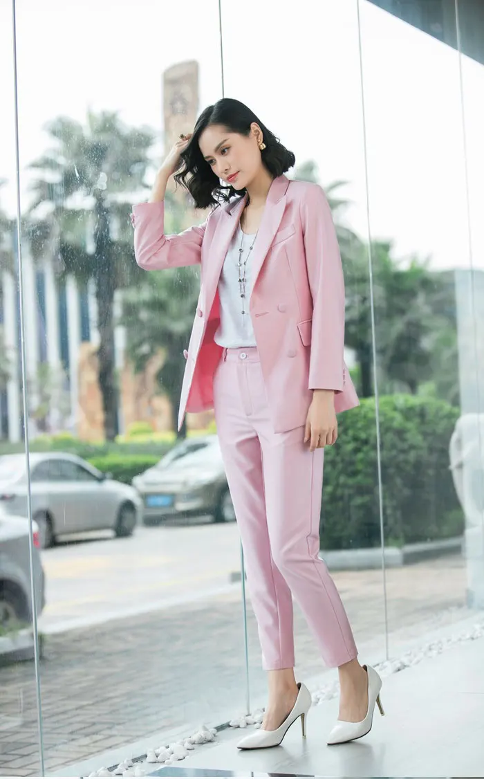 New Office Work Blazer Suits Of High Quality OL Women Pants Suit Blazers Jackets With Trouser Two Pieces Set Red Pink Blue