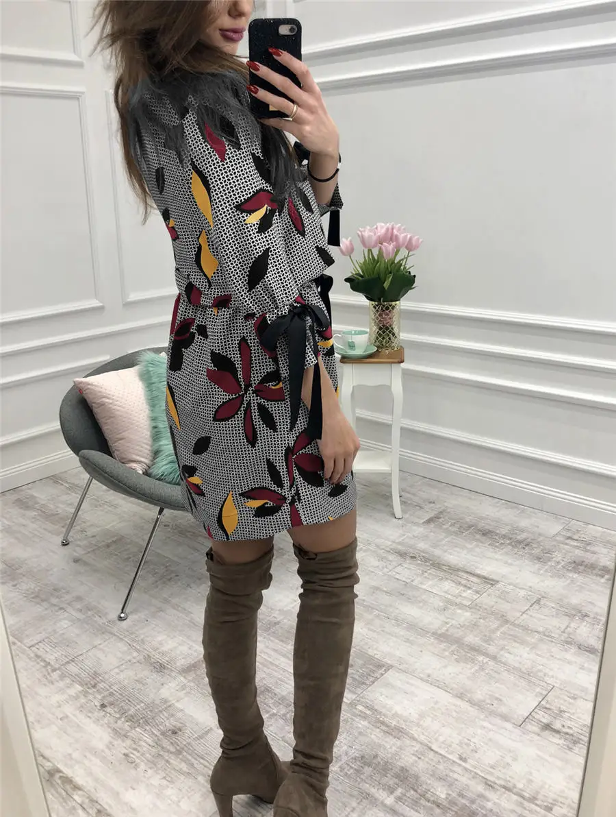 Gladiolus Floral Print Women Autumn Dress 2018 O-Neck 34 Sleeve Belt Tunic Fashion Chiffon Dress Women Casual Mini Dresses 2XL (10)