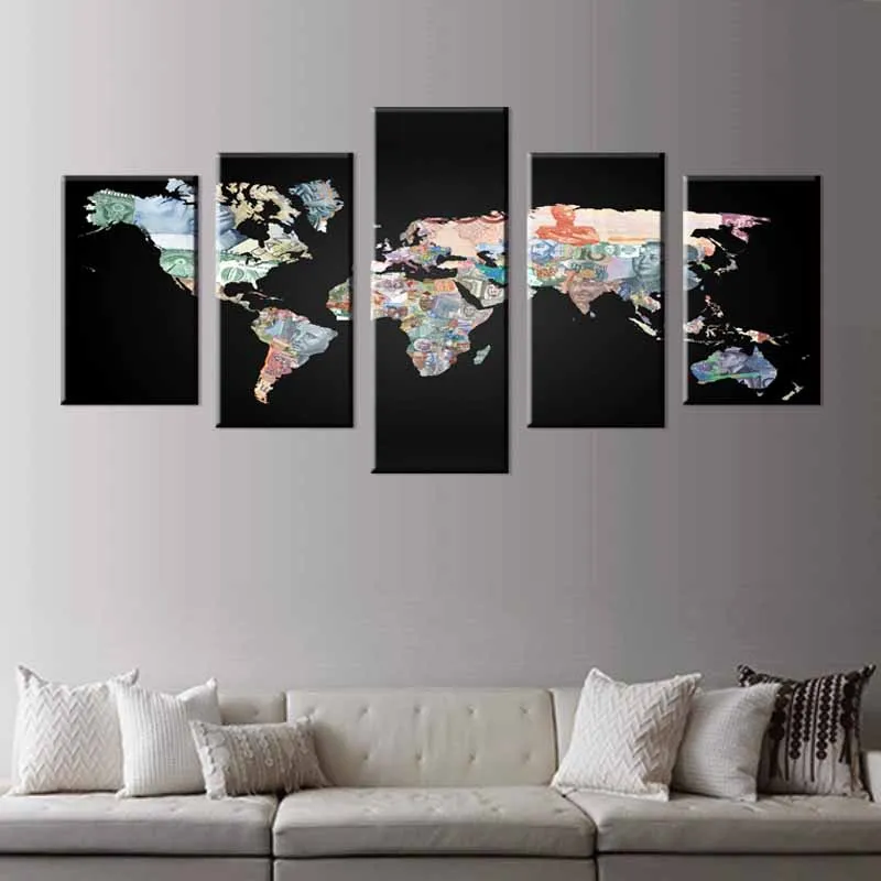 5 pcs set abstract black world maps canvas prints painting modern